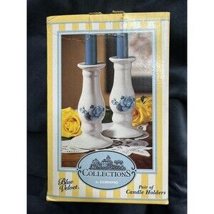 VTG Corning Candlestick Pair‎ In Blue Velvet pattern, Roses Country Farmhouse